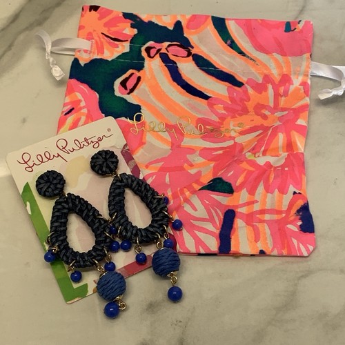 Lilly Pulitzer Blue Raffia Earrings New Teardrop Chandelier Earrings & Pouch - Picture 3 of 10