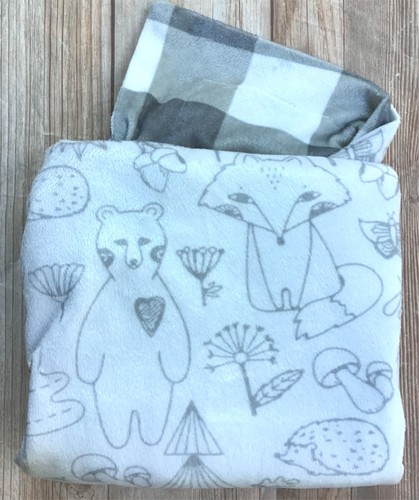 Lila & Jack Woodland Creatures Ivory Gray Forest Animal Minky Baby Blanket Fox - Picture 1 of 9