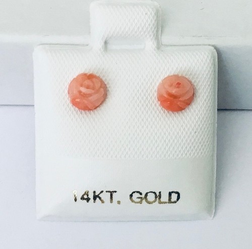 Tiny  14K  Gold  Natural  Pink  Coral  Hand Carved Rose Flower Stud Earrings NEW