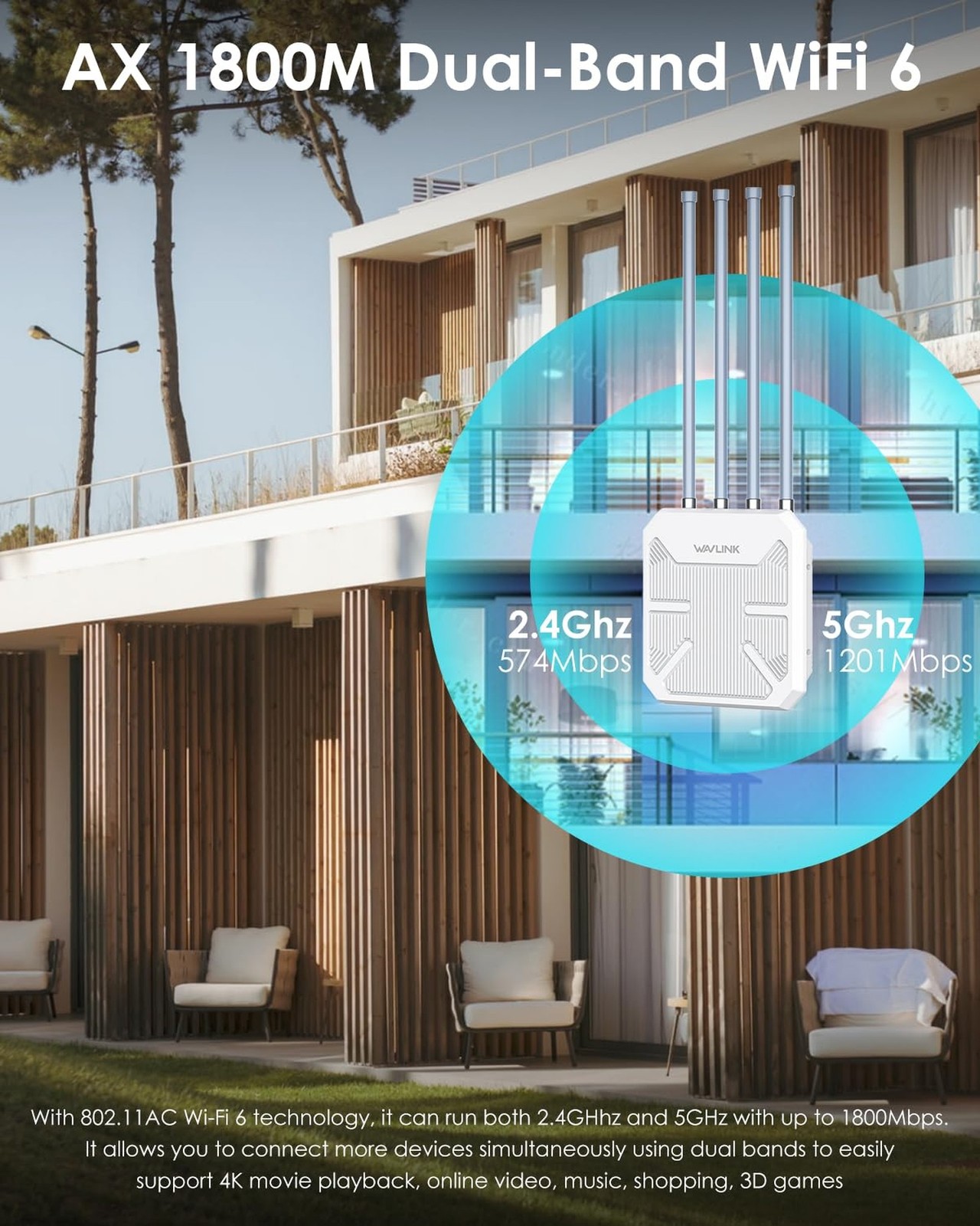 WAVLINK Outdoor WiFi 6 Extender AX1800, Wireless Outdoor Access Point, Long R...