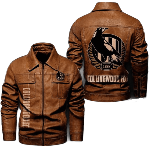 Collingwood FC Biker Leather Jacket, Streetwear Style with Fan Sticker Patch - Picture 7 of 7