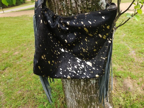 Myra Black Gold Cowhide Fringe Bag LARGE Crossbody Satchel Wristlet Keychain LOT - Picture 4 of 23