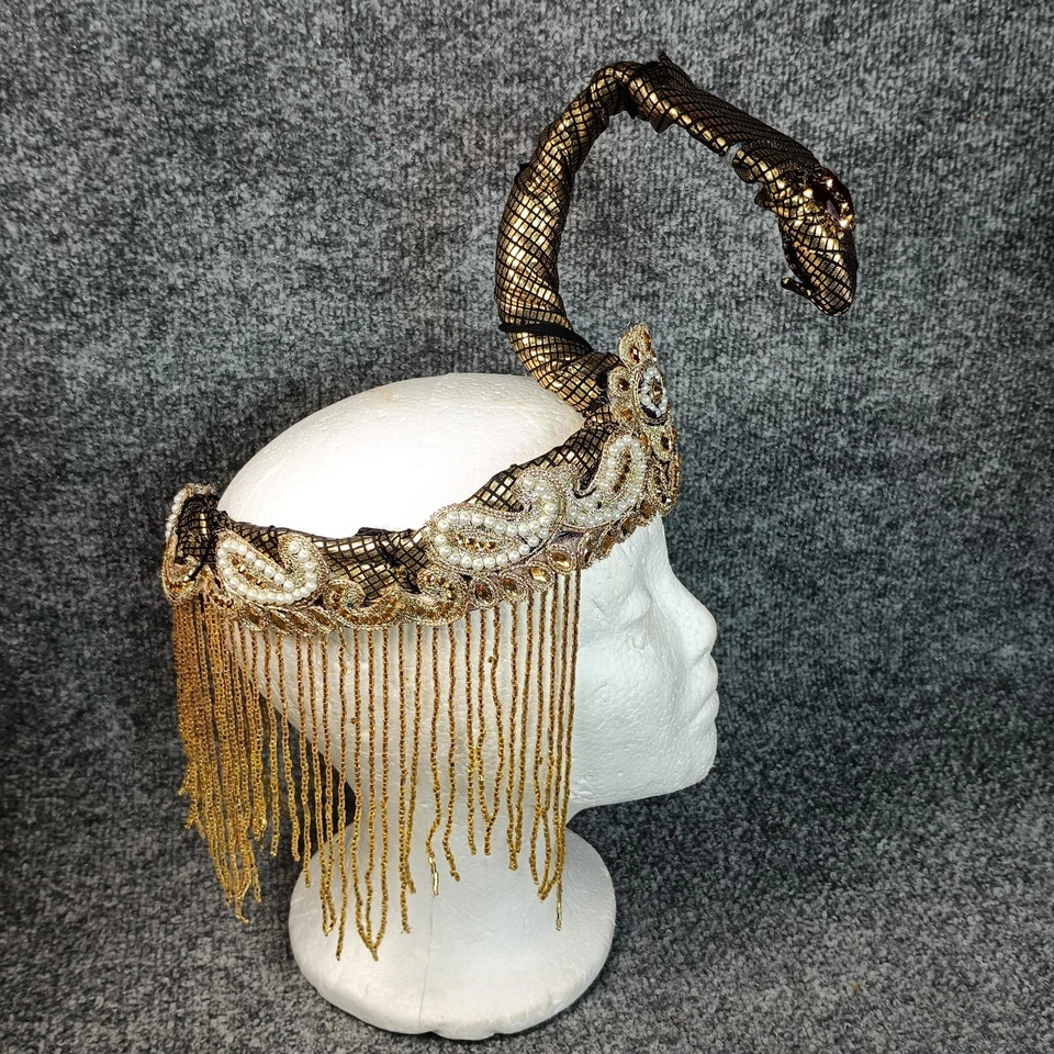 Egyptian Snake Headpiece Cleopatra Gold Beaded Crown Costume Headband Bejeweled - Image 2 of 4
