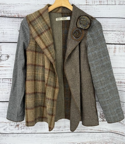 Cameleon Women’s Small 100% Wool Patchwork Blazer Appliqué Open Jacket Artsy VTG
