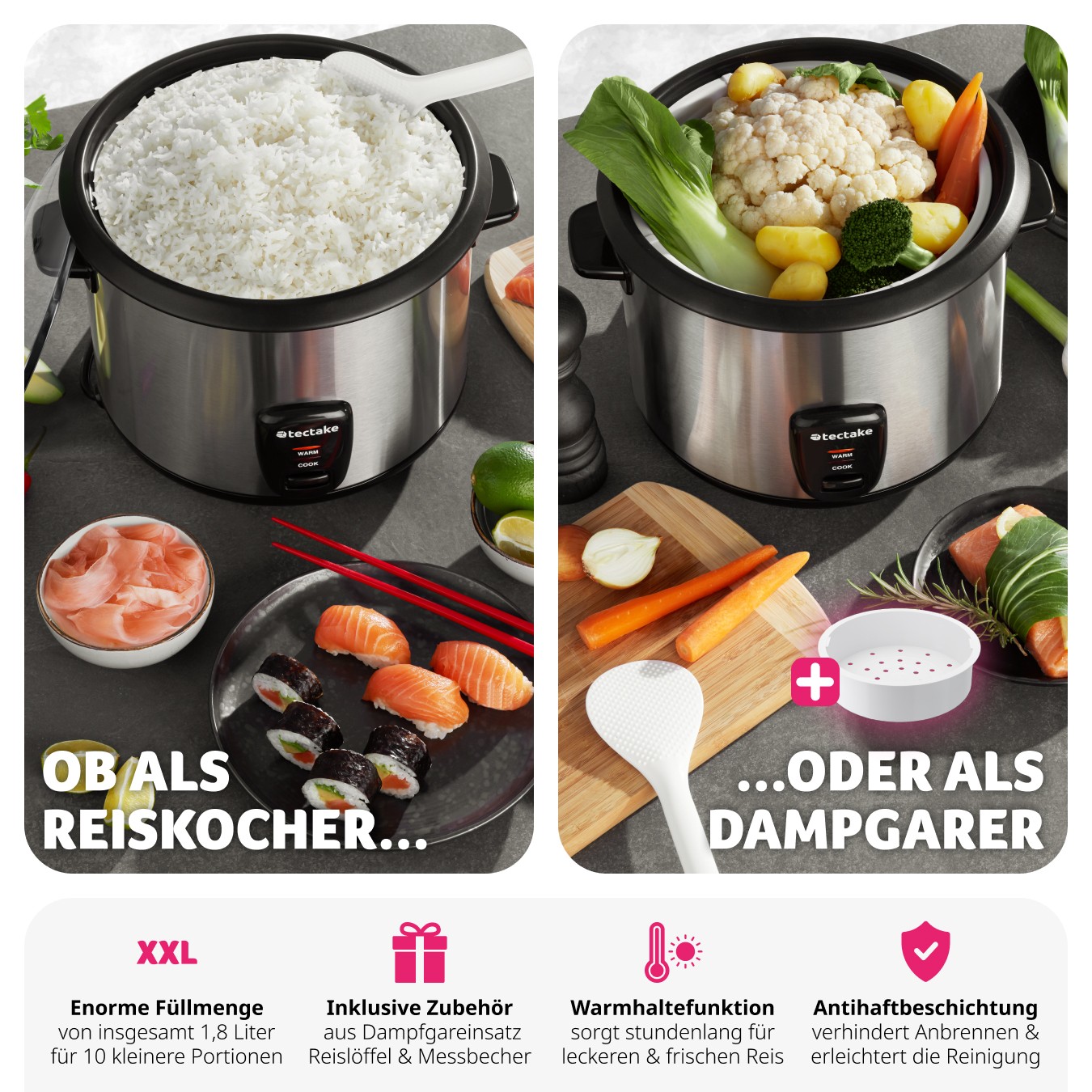 Reiskocher Dampfgarer Multikocher Reis Schnellkochtopf Warmhaltefunktion 1,8L