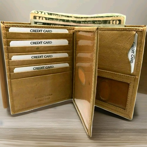 Tan Bi-fold Leather Wallet for Men Hipster Center Flip 16 card slots Photo ID - Picture 1 of 9