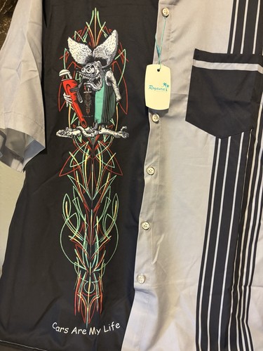 Royaura Rat Fink schwarz & grau Nadelstreifen Knopfleiste Bowlinghemd XL - Bild 2 von 8