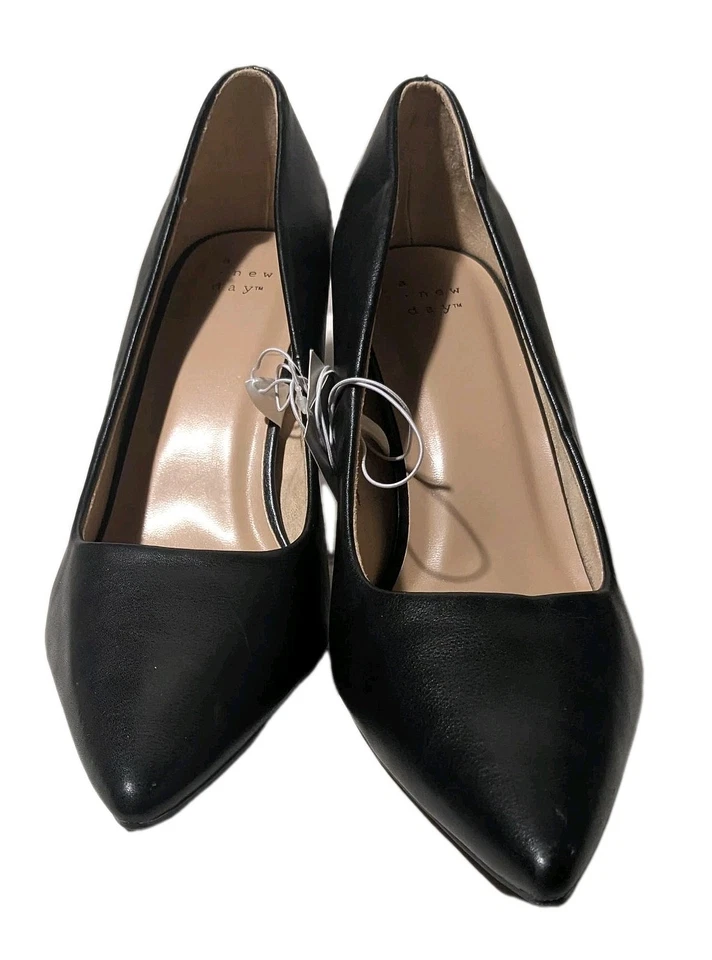 A NEW DAY TARA Mujer Tacones Cómodos 10 Zapatos de salón suaves Negros Imitación Cuero Punta Foto 2 de 4
