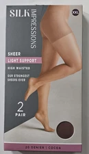 SILK IMPRESSIONS 2-pk PANTYHOSE cocoa LIGHT SUPPORT SHEER 20 denier (2XL)