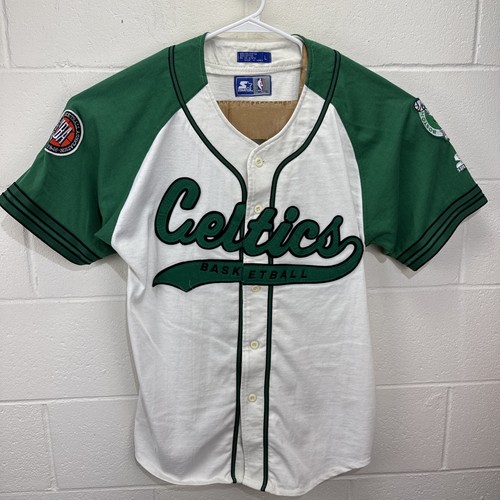 Vintage 90s Starter Boston Celtics NBA  Baseball Jersey Large White Button Up - Picture 1 of 18