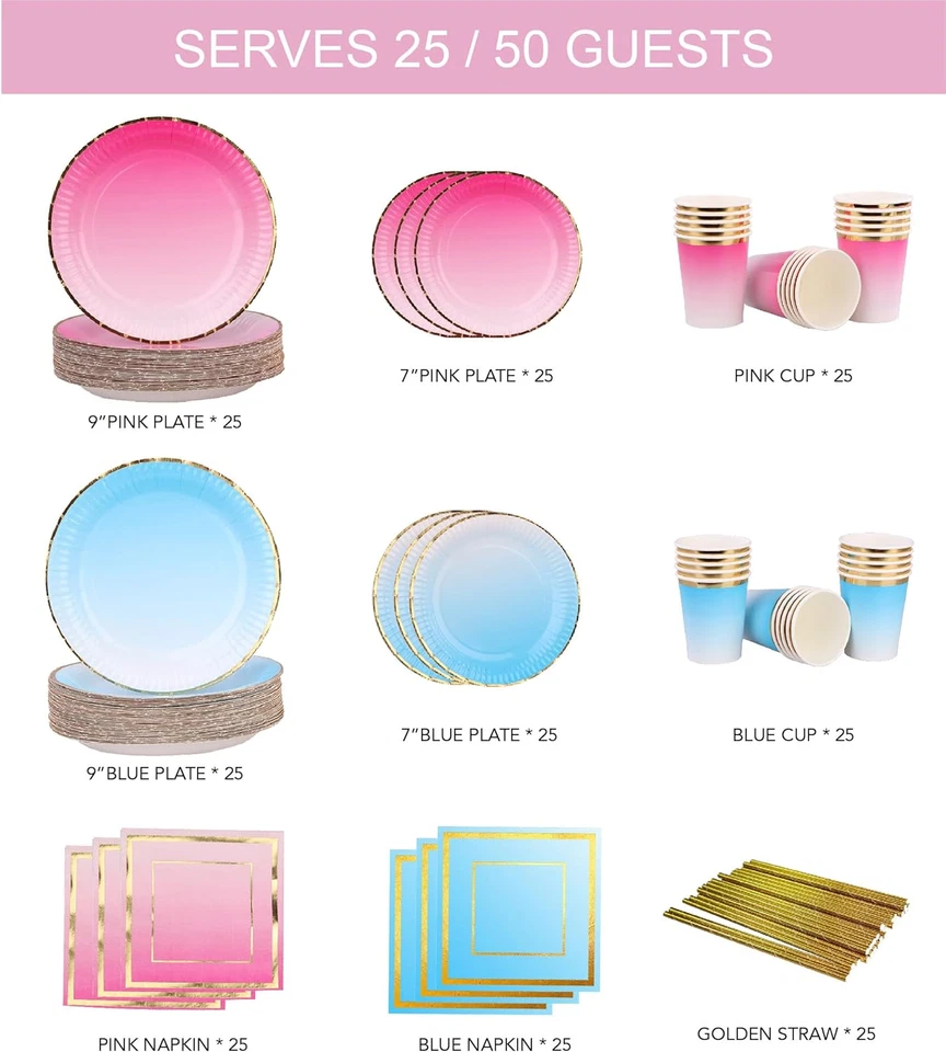 Conjunto de copos guardanapos pratos azuis rosa suprimentos para festa revelação de gênero 250 peças - Imagem 3 de 4