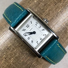 Coach Women W002B Dress Tank Swiss Made Blue Leather Band Quartz Watch 6 1/2"