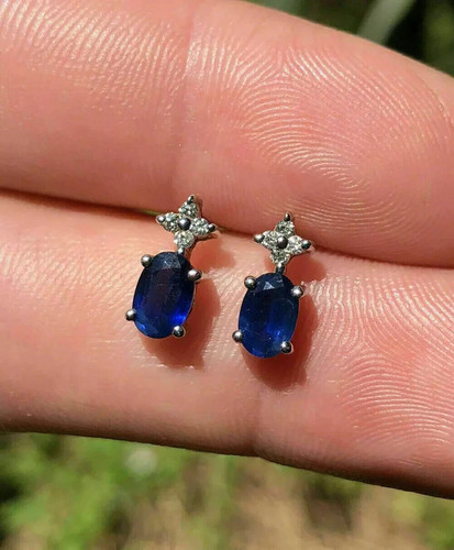 2Ct Oval Cut Lab Created Sapphire Women's Stud Earrings 14K White Gold Plated - Picture 7 of 11