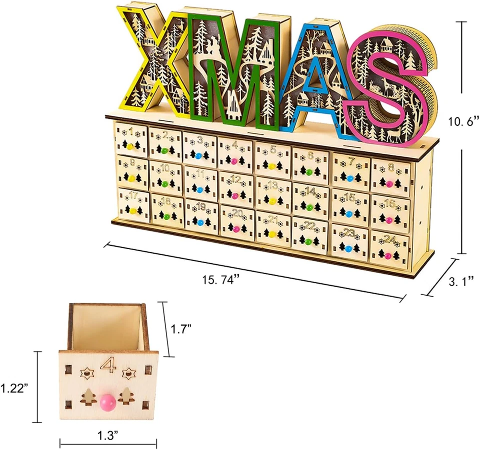 Wooden Christmas Advent Calendar 24 Drawers Fillable Reusable Holiday Countdown - Image 2 of 4