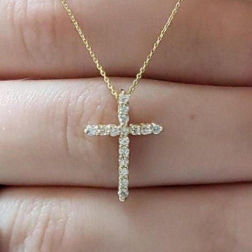 14Kt Gold 0.25 Ct Genuine Natural Diamond Cross Pendant Necklace - Picture 13 of 14