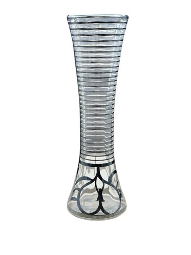 Vtg Silver Overlay Glass Vase Tulip Scroll Heart Flared Silver City or Rockwell - Picture 4 of 11