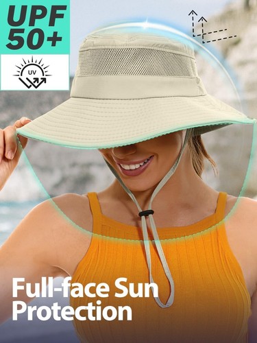 Sun Bucket Beach Hats for Women with Ponytail Hole,Sun One Size, Beige - Picture 4 of 6