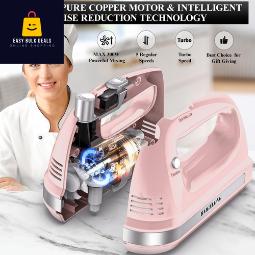 Electric Hand Mixer 300W 5 Speed Whisk Blender Beater Kitchen Baking Tool Pink - Picture 3 of 8