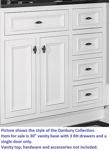 JSI DANBURY WHITE BATHROOM 30"W VANITY BASE SOLID WOOD SINGLE DOOR 3 RH DRAWERS