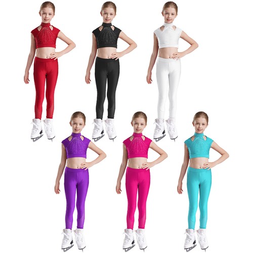 US Kids Girls Outfits Stage Tracksuits Cutout Crop Top And Leggings Rhinestones - Picture 6 of 85