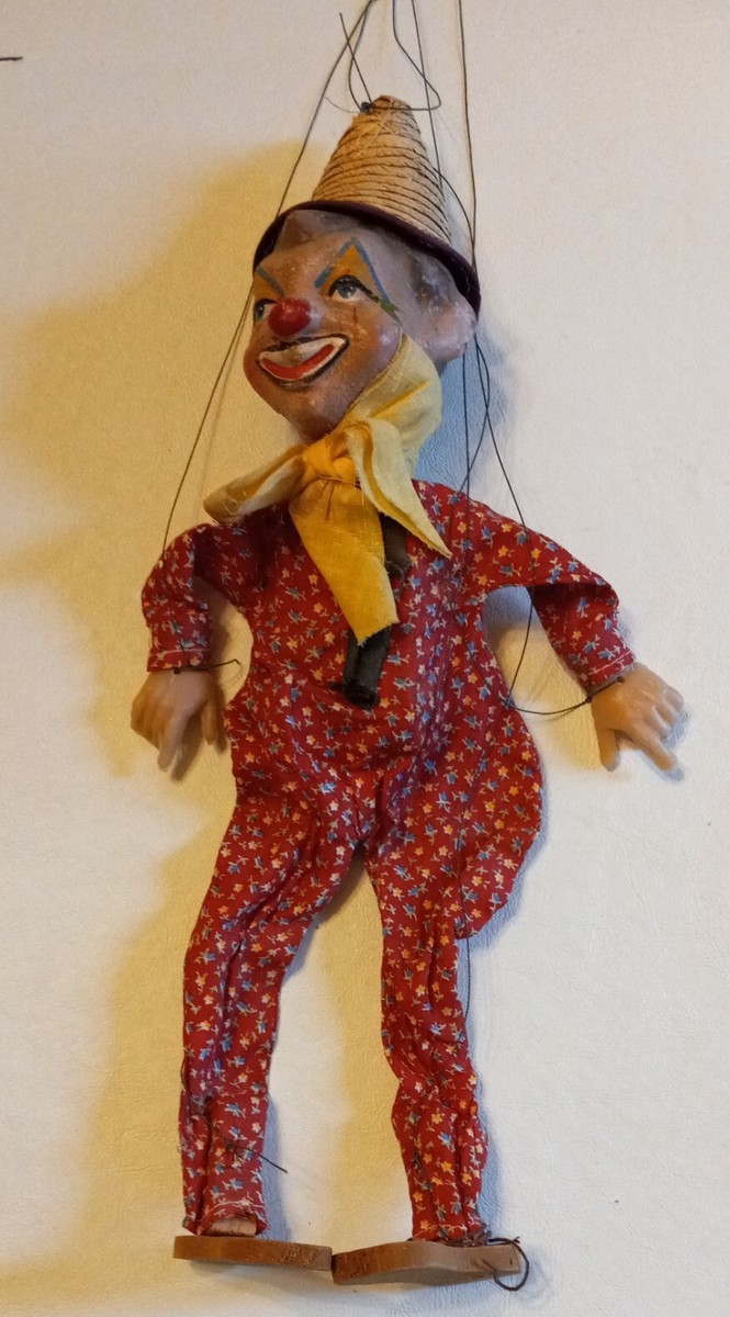 Older Vntg Clown Hobo Marionette Puppet W/ Paper Mache Head