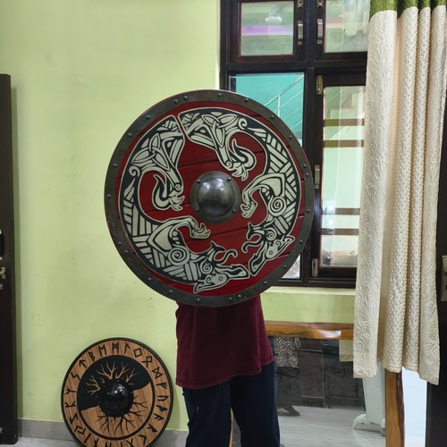 Antico scudo vichingo Ragnar scudo in legno pronto per la battaglia vichingo 24" nel miglior regalo - Foto 5 di 8