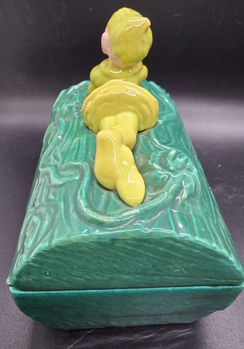Vtg 1950 Gilner California Pottery Green Elf Pixie Green Log Lidded Trinket Box - Picture 3 of 9