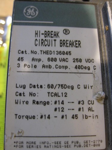 GE THED136045 HI-Break 45 A Circuit Breaker 600V 3 Pole Green Label 45 AMP - Picture 3 of 10