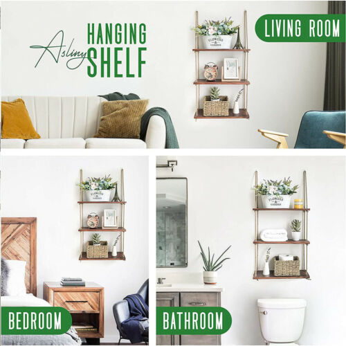 Durable Rope Wall Hanging Shelves Wood Window Shelf 3 Tier Rustic Storage Rack - Picture 12 of 12