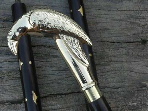 Raven Head Handle Solid Brass Vintage Style Victorian Wooden Walking Stick Cane - Picture 2 of 5