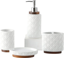 Bathroom Accessories Set 4Pcs Ceramic Wood Bathroom Set toothbrush Cup Soap Dish