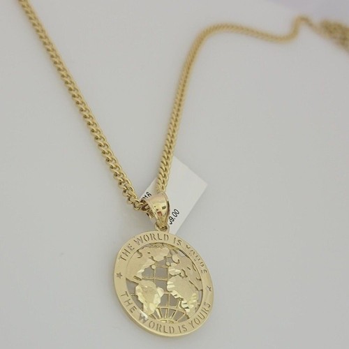 Real 10k Gold Chain Pendant SET World Is Your Charm Miami Cuban Link Necklace - Picture 7 of 8