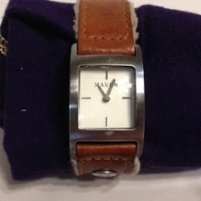 Mango QM2112201 Water Resistant Leather Band Stainless Steel Watch New Battery!