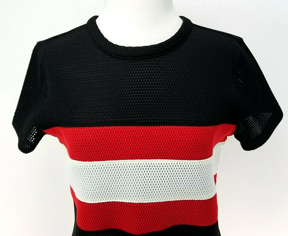 Top REEBOK Melody Ehsani Negro Rojo Blanco Rayas Malla S/S Para Mujer S RARO ~ ¡MUY BUEN ESTADO! * Foto 4 de 4