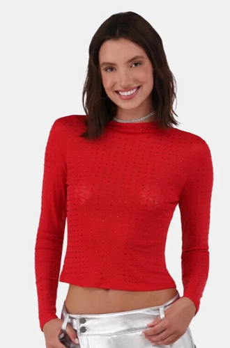 No Boundaries 2XS 00 Top a rete con borchie strass e maniche lunghe rosso nuovo con etichetta - Foto 3 di 12