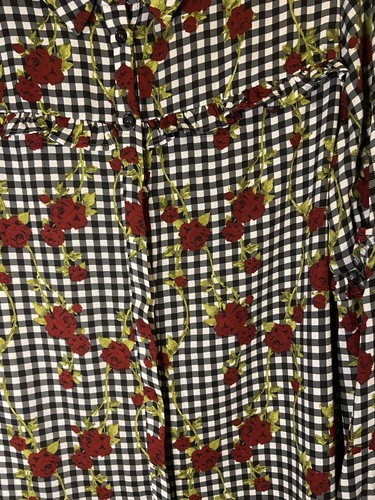 For The Republic Size M Black White Gingham Floral Long Sleeve Ruffle Top Blous - Bild 2 von 5