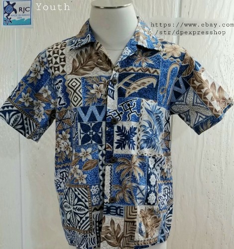 RJC Made In Hawaii Blue Native Hawaiian Cotton Camp S/S Shirt Kids Youth *Sz 8**