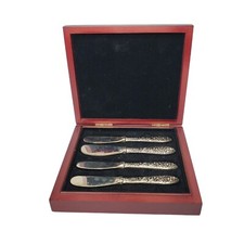 Godinger Butter Knife 4/Set w/Wood Box Case Floral Daisy Buttercup