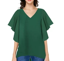 Womens V Neck Short Sleeve Chiffon Blouse Casual Classic Flowy Green Size S NEW