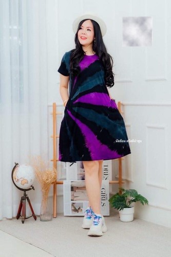 Women Short Dress Thai Handmade Tie dyed Multi Color Round Neck Short Sleeves - Picture 49 of 50