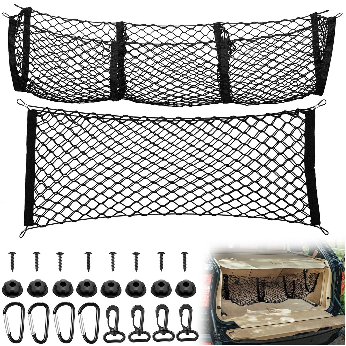 TallewCargo Net 3 Pocket Trunk Organizer Stretchable Trunk Mesh Cargo