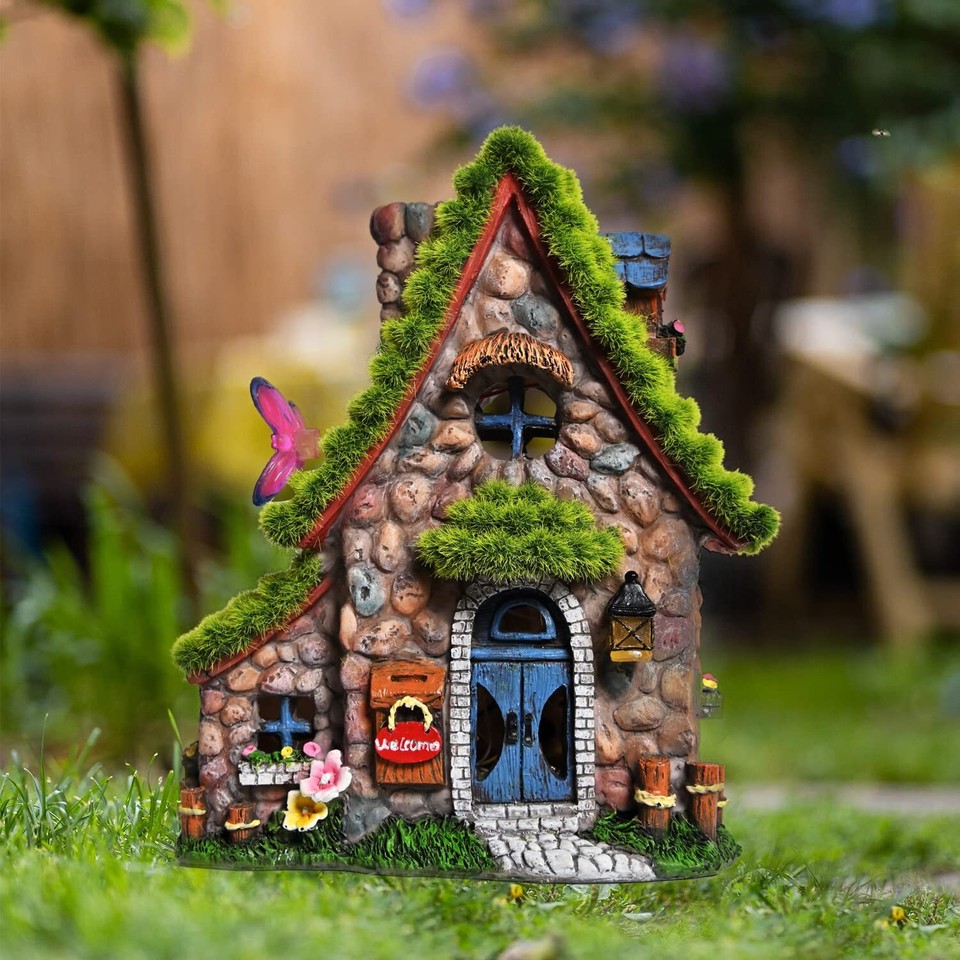Resin Fairy House Statues With Solar Powered Lights Funny Garden ...