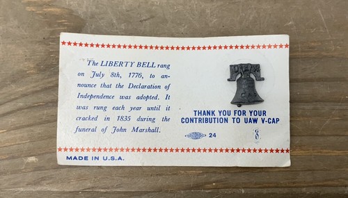 Vintage UAW Metal Lapel Pin V-CAP Union Liberty Bell with Display Card USA