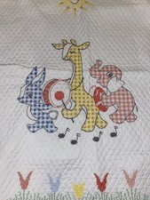 vtg baby blanket quilt animal music cross stitch Giraffe Anamorphic Elephant Sun