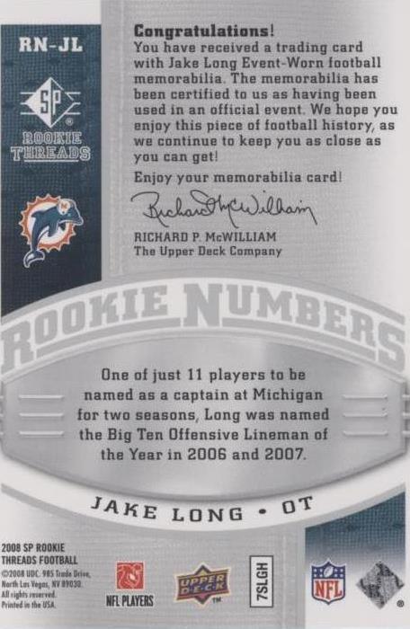 2008 SP Rookie Threads Jake Long #RN-JL