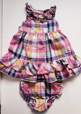 Chaps Plaid 18 mos Pink Navy Ruffled Plaid Dress Sleeveless & Diaper Cover Girls