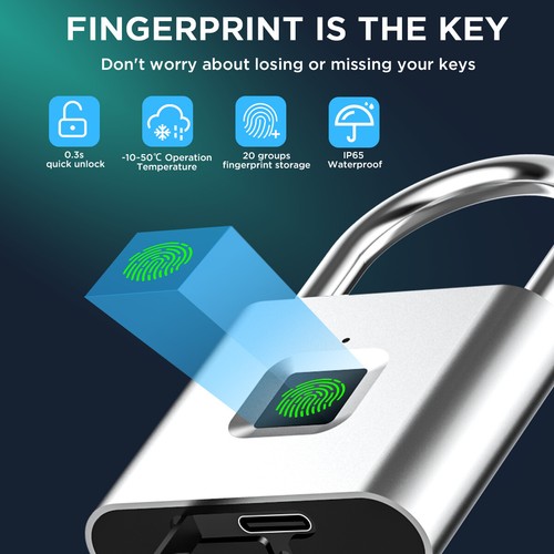 Waterproof Fingerprint Padlock Keyless Lock Rechargeable Smart Lock Gym Locker - Picture 3 of 10