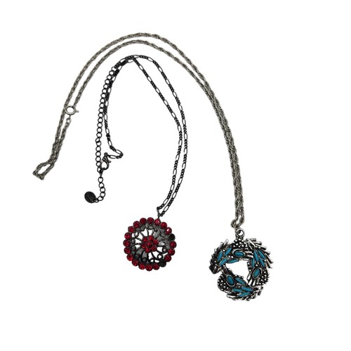 Lot of 2 Long Silver-Tone Necklaces Red Blue Retro Southwestern Boho Statement - Picture 7 of 7
