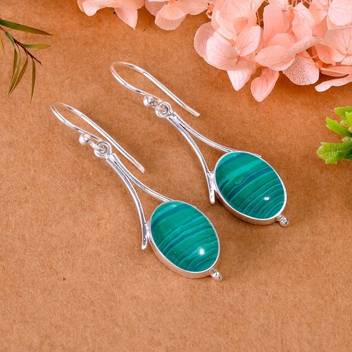 Green Malachite Gemstone, 925 Sterling Silver, Dangle & Drop Designer Earrings - Picture 6 of 10