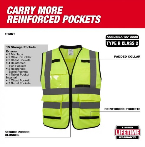 Chaleco de seguridad Milwaukee Performance S/M amarillo clase 2 alta visibilidad con 15 bolsillos - Imagen 5 de 8